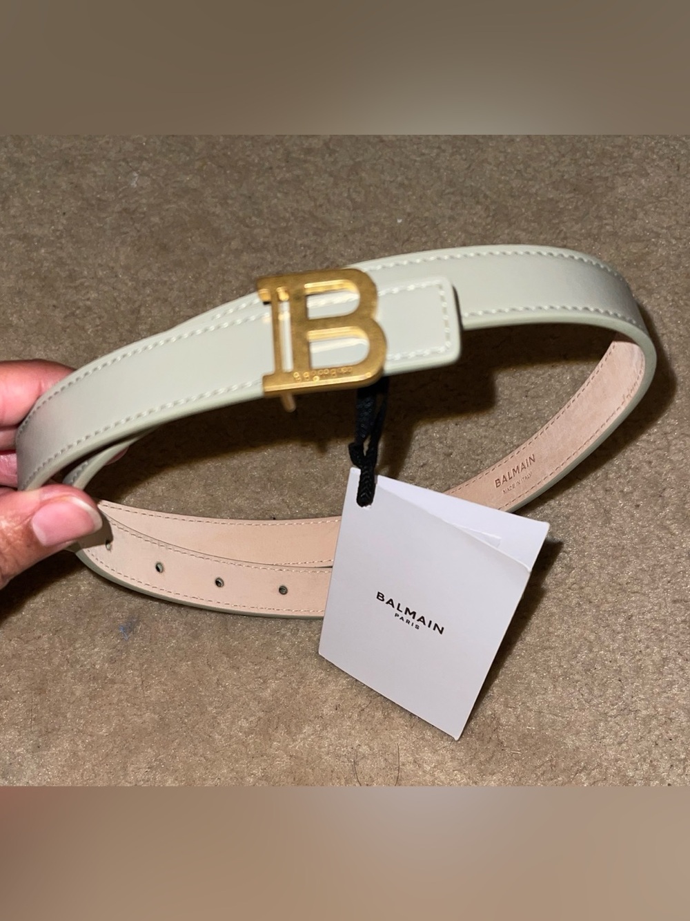 Balmain Green Leather Belt with Gold 'B' Buckle
